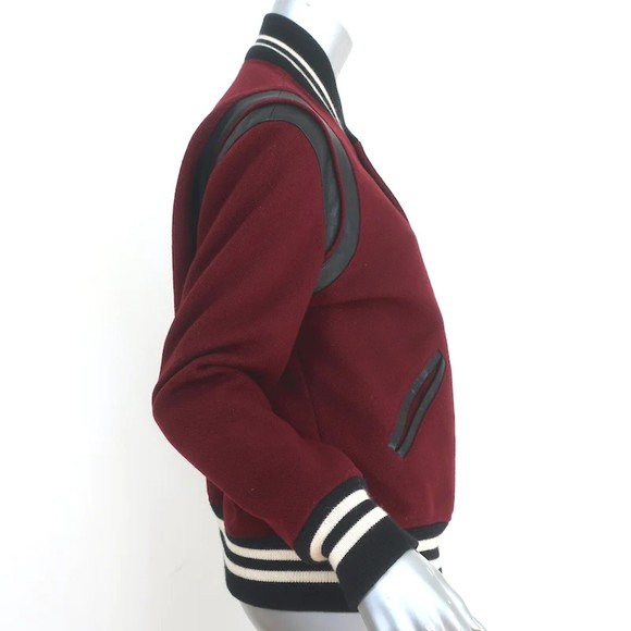 Saint Laurent Teddy Bomber Jacket Leather-Trim Burgundy Wool Size 46 - Picture 3 of 8